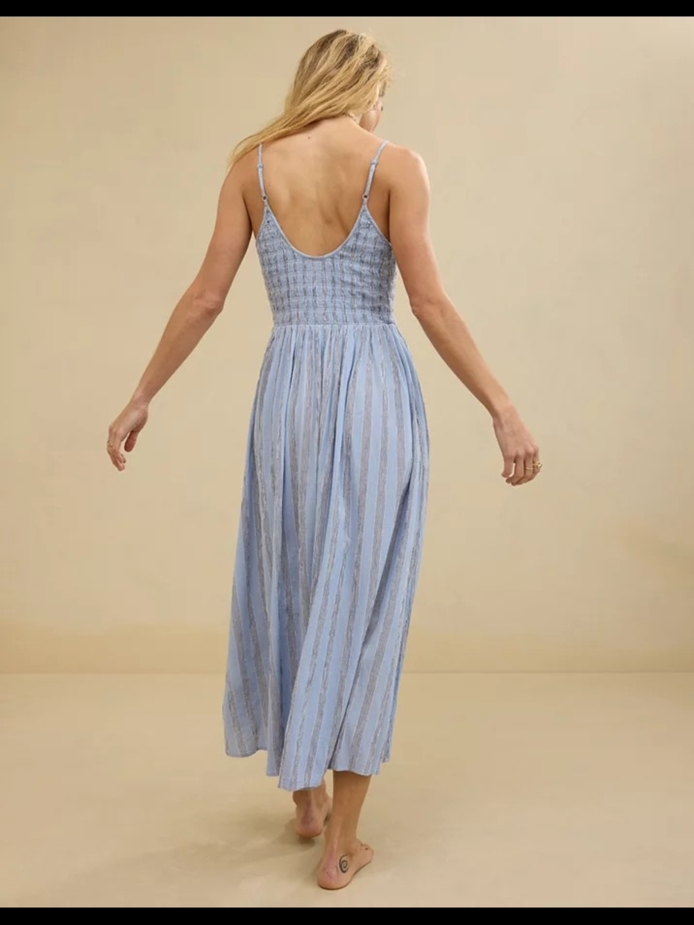 Aerie Light Blue Striped Smocked Midi Dress - Picture 5 of 5